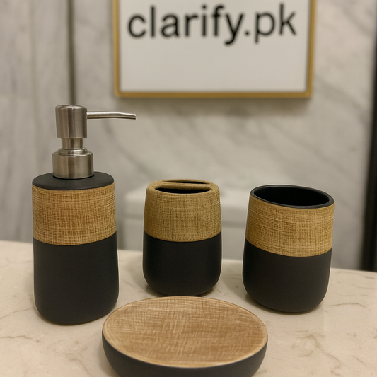 4Pcs Luxury Brown & Black Wooden Look Bath Set – Premium Bathroom Décor