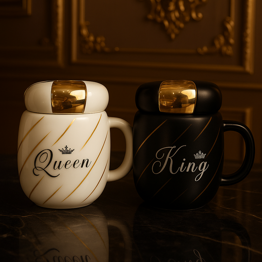 King & Queen Ceramic Mug Set – Couple Cups with Lids