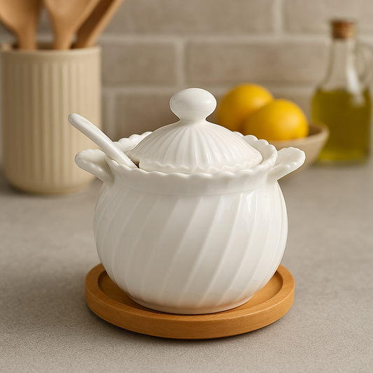 Ceramic Sugar Pot with Spoon & Wooden Base – Spice Jar