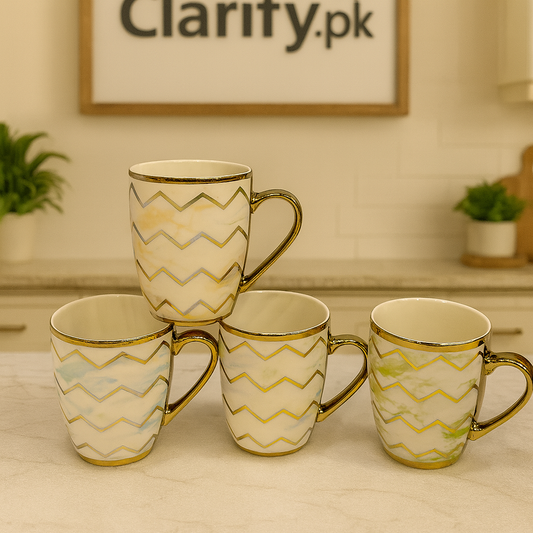 Golden Handle Ceramic Mug – Elegant Chevron Pattern (Each)