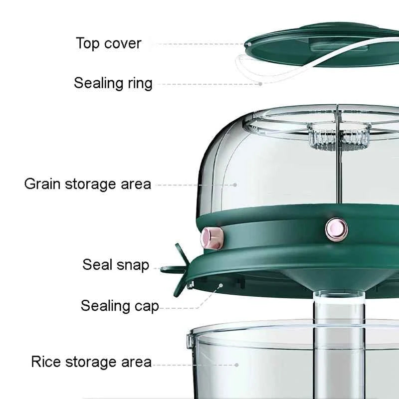 9kg food storage container with a sealing ring and separate grain and rice storage areas