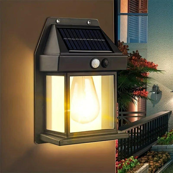 Solar Outdoor Lamp with Tungsten Filament, Waterproof Smart Induction Lantern, Wireless Dusk-to-Dawn Wall Light, Motion Sensor Porch Light for Gardens, Courtyards, and Villas, Sun-Powered Motion Detection Light.