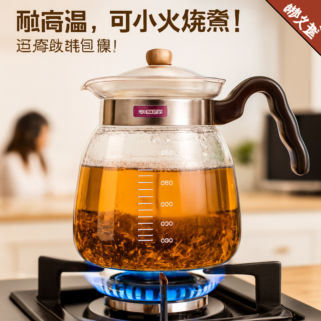 1000ml Heat-Resistant Glass Kettle with Wooden Handle