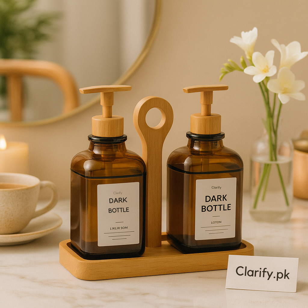 Amber Refillable Pump Bottles with Wooden Tray – Soap & Lotion Dispenser Set