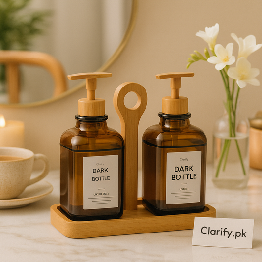 Amber Refillable Pump Bottles with Wooden Tray – Soap & Lotion Dispenser Set