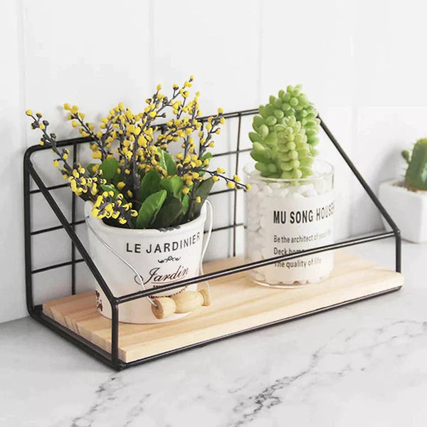 Metal Grid Wall Shelf with Wooden Base.