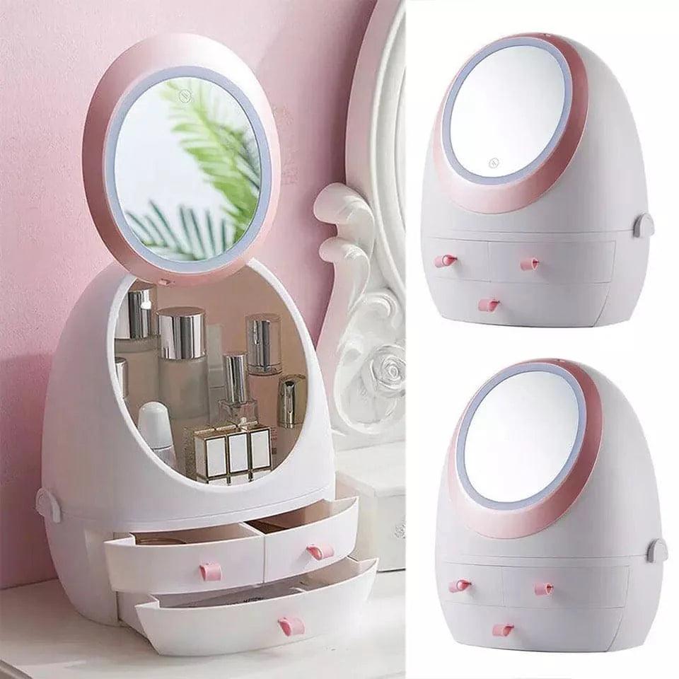 Oval Mirror Cosmetic Organizer with LED Lighted Storage and Makeup Mirror