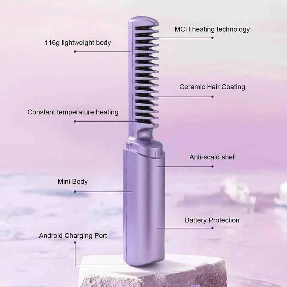 Cordless Wireless Rechargeable Travel Comb Hair Straightener,