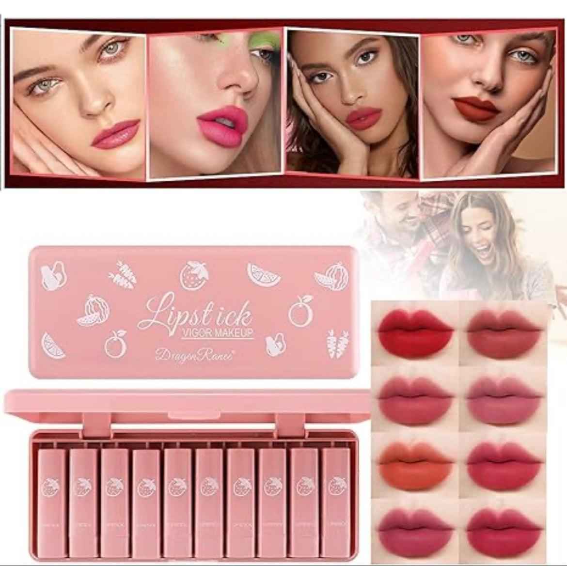 Pack of 10 Dragon Ranee Lipsticks Set Waterproof &
Long-lasting.
