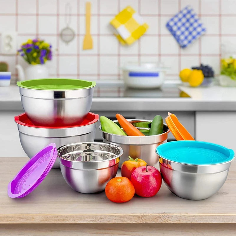 Mixing Bowl With Lid Set Of 5 Stainless Steel Nesting Salad Bowl Set For Prepping Mixing And Serving For Kitchen Cooking Baking