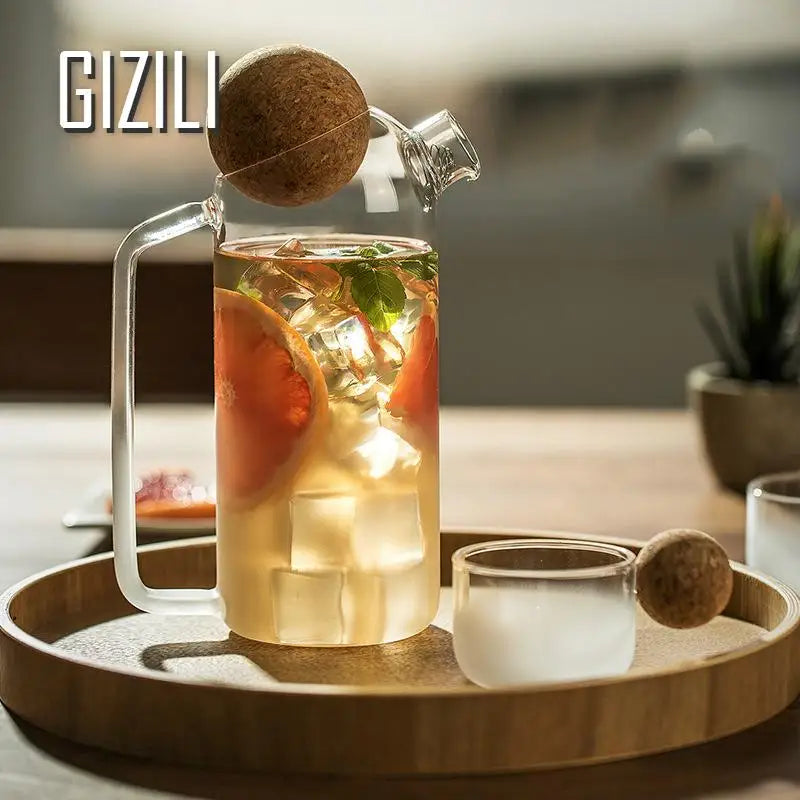 Heat-Resistant Glass Teapot Household Flower Teapot with Wooden Ball Cover Fruit Juice Container Water Jug Office Home Tool