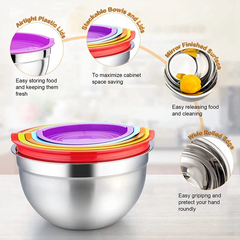 Mixing Bowl With Lid Set Of 5 Stainless Steel Nesting Salad Bowl Set For Prepping Mixing And Serving For Kitchen Cooking Baking