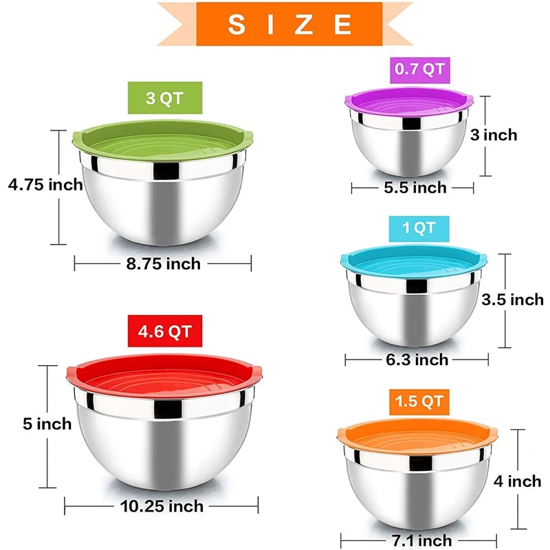 Mixing Bowl With Lid Set Of 5 Stainless Steel Nesting Salad Bowl Set For Prepping Mixing And Serving For Kitchen Cooking Baking