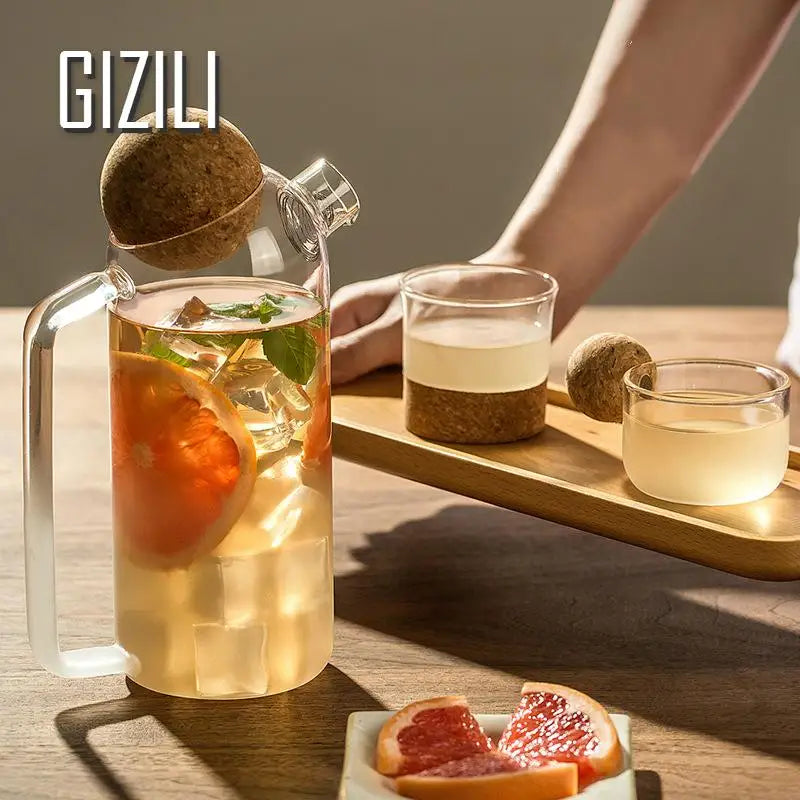 Heat-Resistant Glass Teapot Household Flower Teapot with Wooden Ball Cover Fruit Juice Container Water Jug Office Home Tool