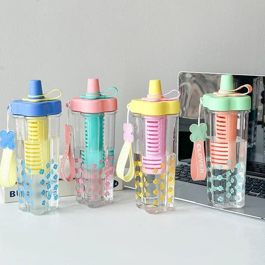 Large Capacity Portable Plastic Straw Cup for Afternoon Tea Flower Tea Women's Style Color Collision Tea Water Separation Cup