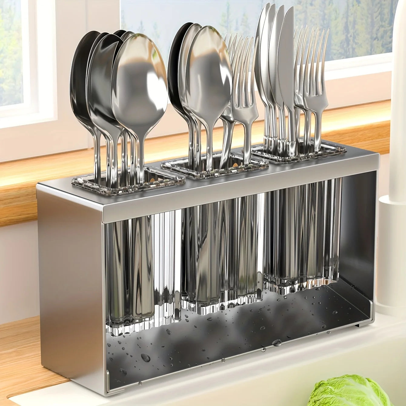 1pc Stainless Steel Multifunctional Kitchen Utensil Holder with Drainage and Transparent - Chopsticks, Knives, Forks & Spoons