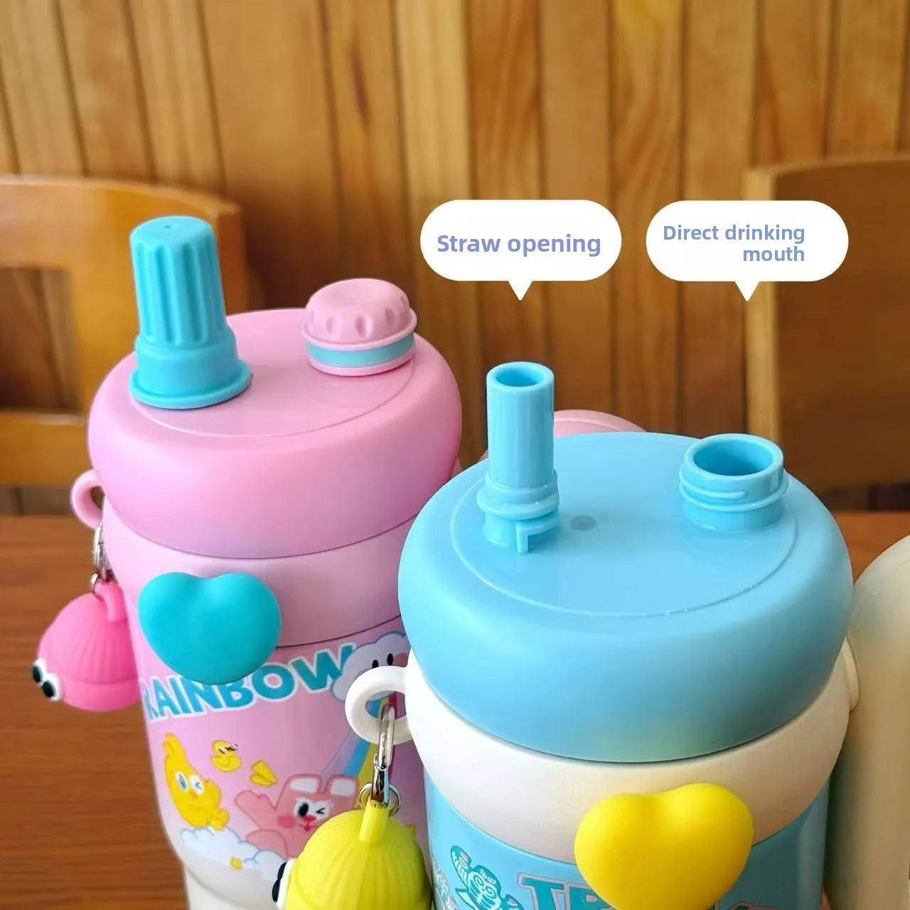 Large Capacity Straw Cup Cartoon Cute Double Drink Insulated Thermos for Students Children Women Portable Travel Water Bottle