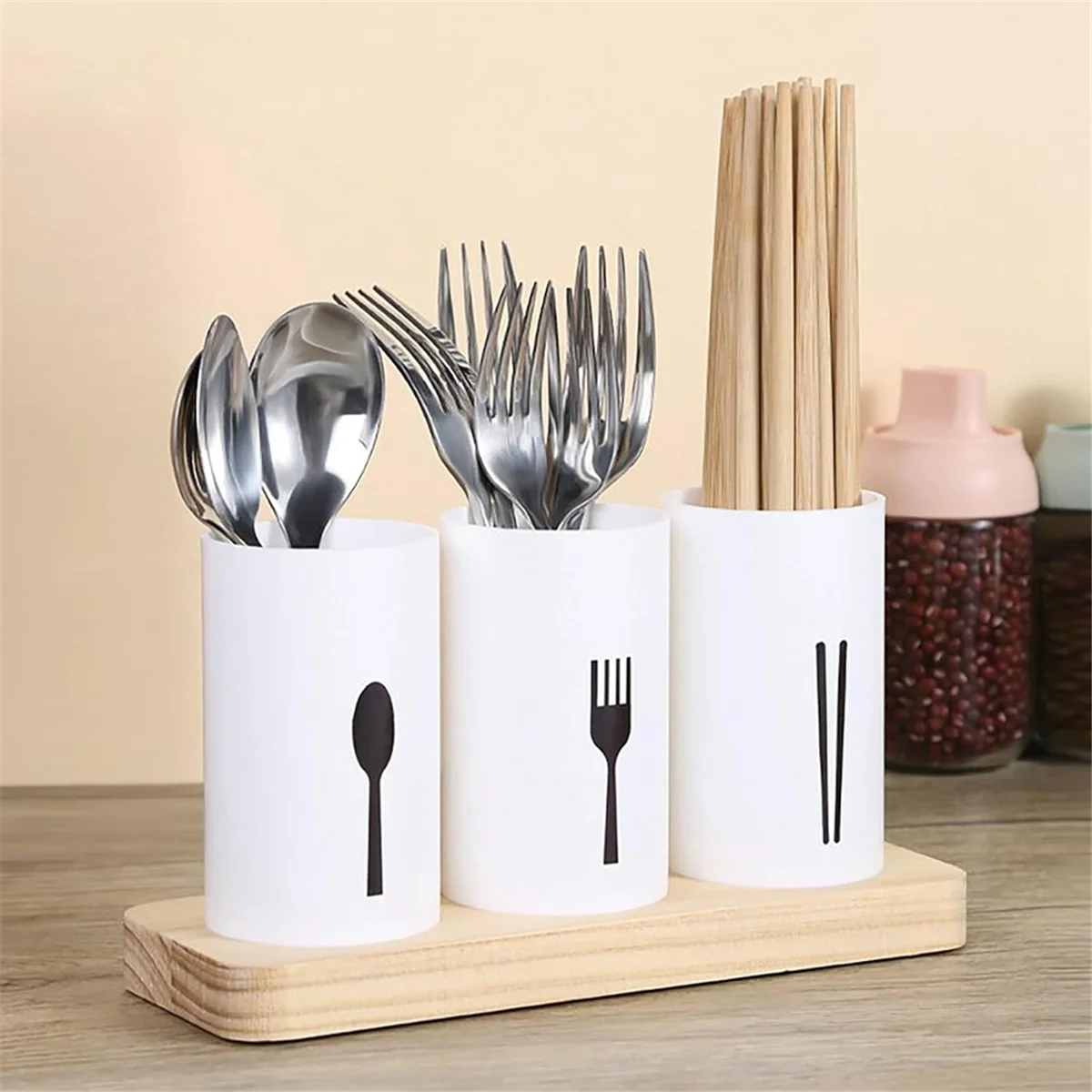 High-Quality Utensil Holder for Kitchen Counter with Wooden Base Large Round Cooking Utensil Holder