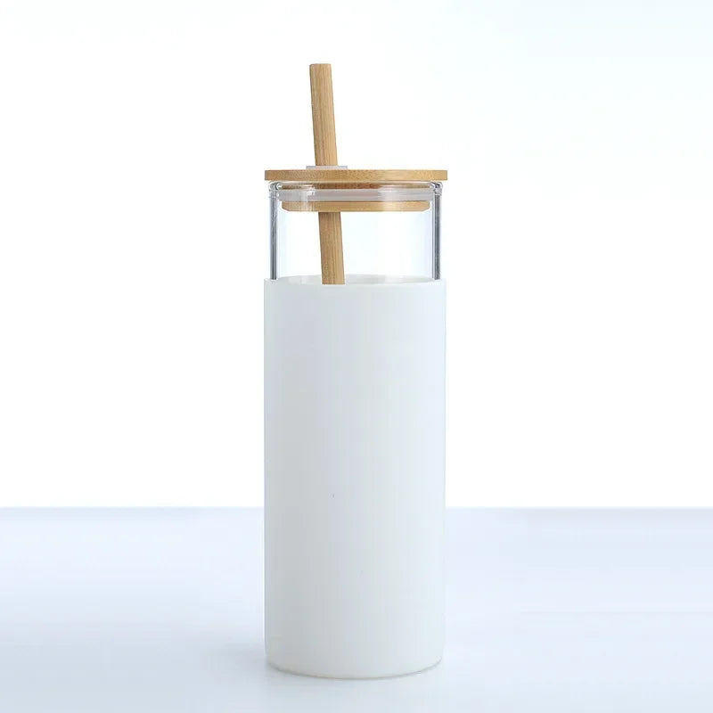 1pc Glass Tumbler with Bamboo Lid and Silicone Cover High Temperature Resistant Tea Cup Juice Glass Milk Water Cup Drinkware