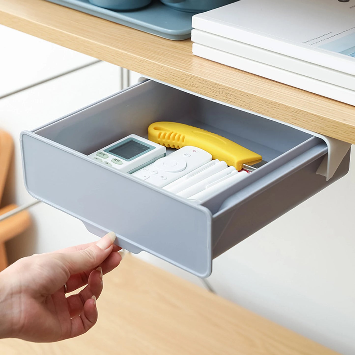 Plastic Under Desk Drawer Pull Down Under Cabinet Drawer Kitchen Organization Easy to Install Office Storage Box
