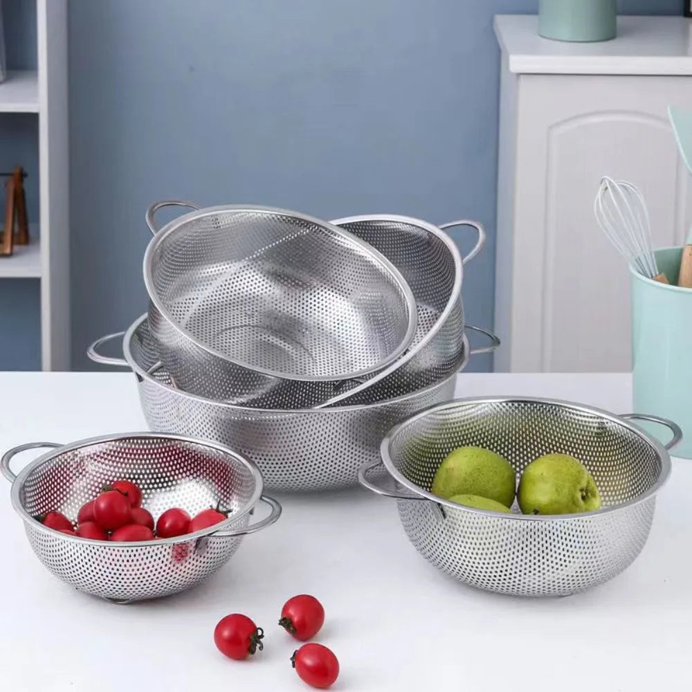 304 Stainless Steel Large Rice Washing Bowl Silver 16.5-31.5cm Fruit Vegetable Washing Basket Storage Baskets Vegetable Basin