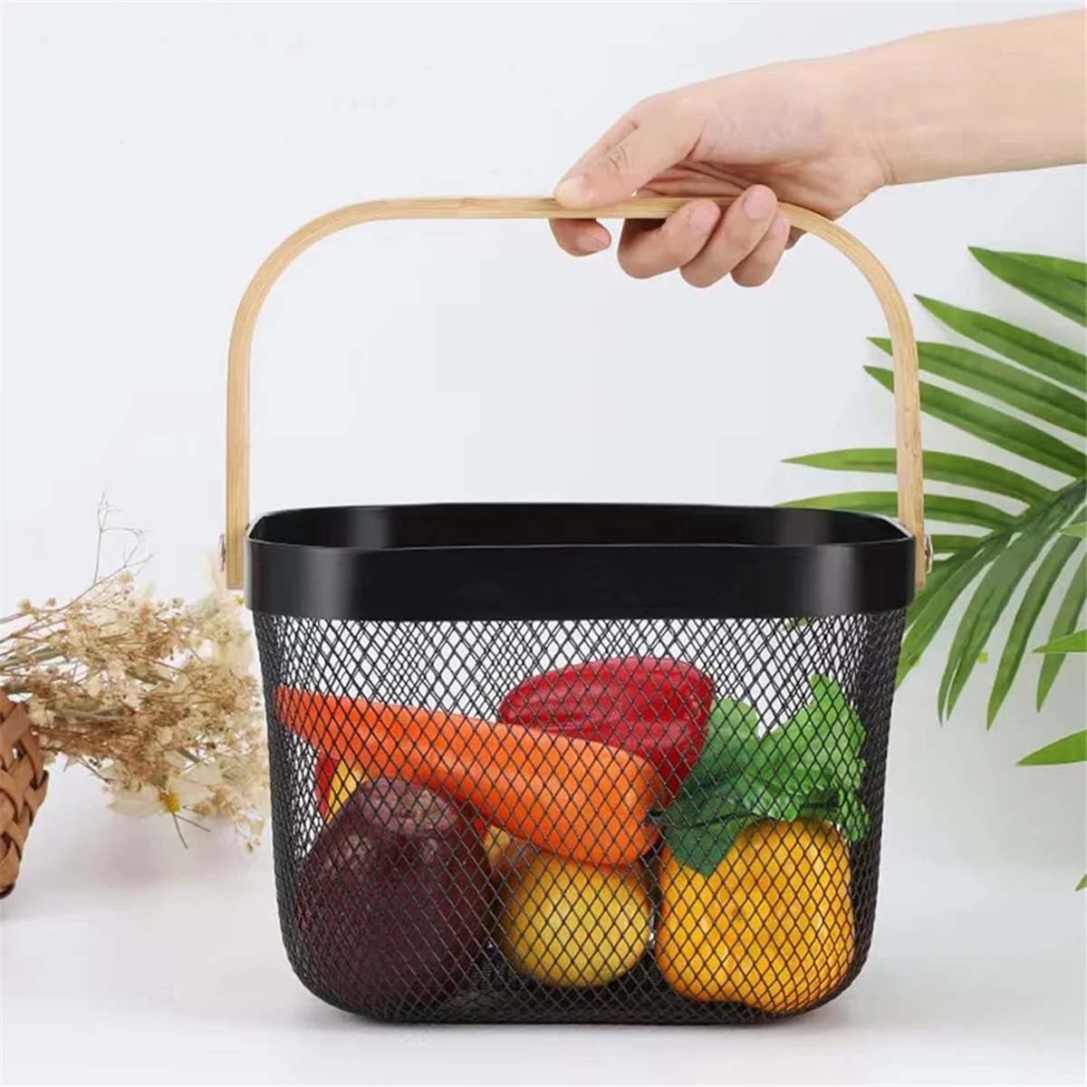 Metal Mesh Basket, Multi-Functional Hanging Kitchen Baskets Fruit Basket with Handle for Kitchen Bathroom Picnic Black