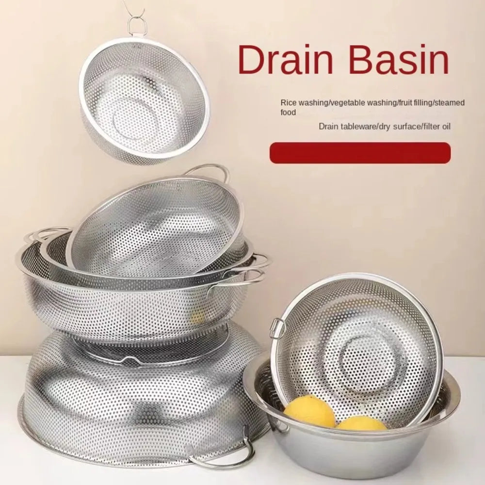 304 Stainless Steel Large Rice Washing Bowl Silver 16.5-31.5cm Fruit Vegetable Washing Basket Storage Baskets Vegetable Basin