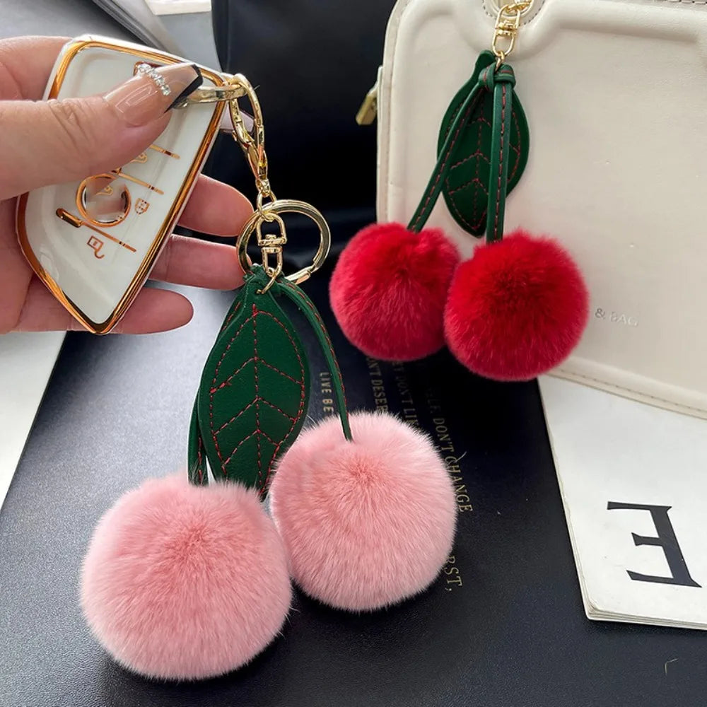 Cherry Plush Toy Keychain Otter Rabbit Hair Kawaii Cartoon Keychain Colorful Fluffy Women's Bag Pendant Backpack Car Key Pendant