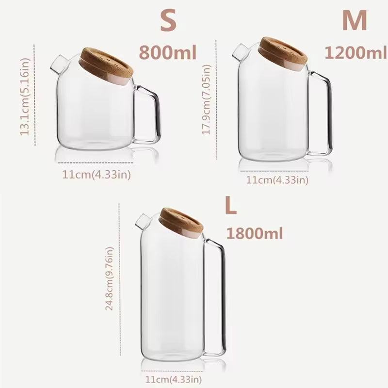 Glass Cork Water Kettle Wooden Cover Flower Teapot Heat-resistant Juice Cold With Lid Coffee Pitcher
