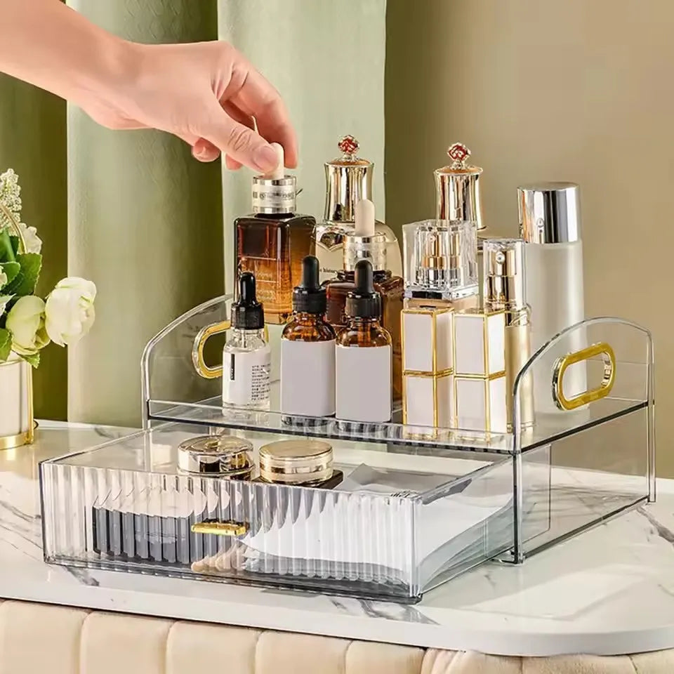 Makeup Organizer Countertop Clear Cosmetics Storage Boxes with Drawers & Portable Handle For Vanity Skincare Desktop Bathroom