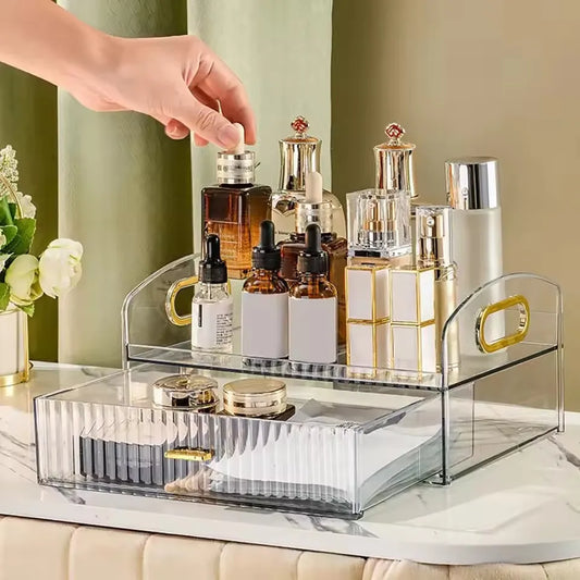 Makeup Organizer Countertop Clear Cosmetics Storage Boxes with Drawers & Portable Handle For Vanity Skincare Desktop Bathroom