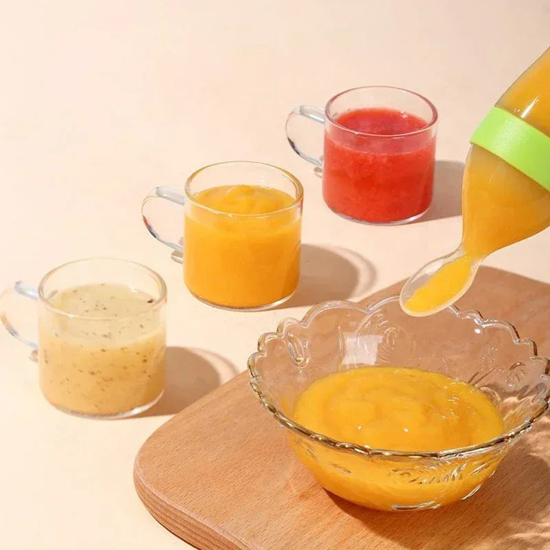 Squeeze Baby Bottle with Food Supplement Feeder and Training Spoon, Solids Silicone Baby Bottles Baby Feeding