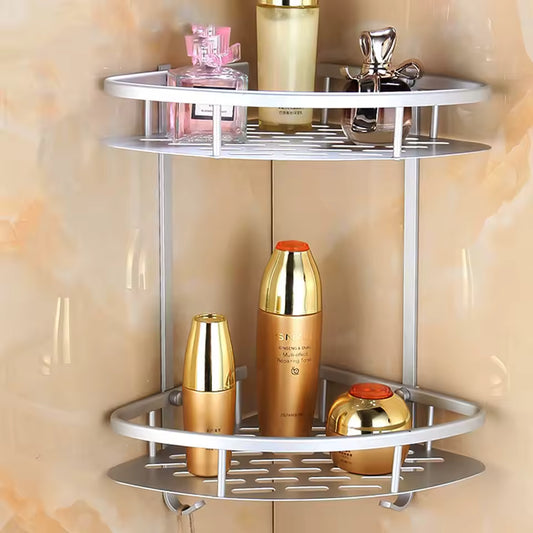 1pc Corner Wall Mount Bathroom Storage Rack Shower Shelf Aluminum Hollow Basket No Punching Easy Assembly Saves