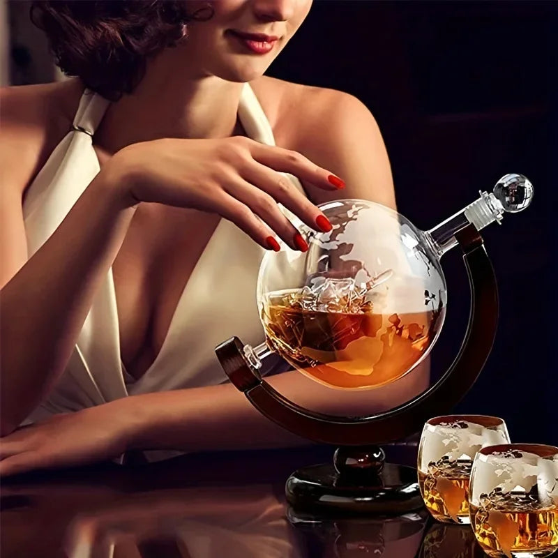Special Whiskey Glass Decanter Sailboat Globe Decanter Wine Dispenser Glass Bottles Wooden Stand Bar Tools Bartending Set