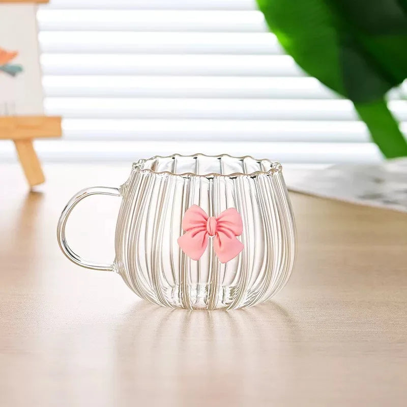 Japanese-Style Small Pumpkin Bow Coffee Cup Household Round Milk Cup High Temperature Resistant Popular Glass Water Cup Breakfast Cup Flower Tea Cup 1Pcs