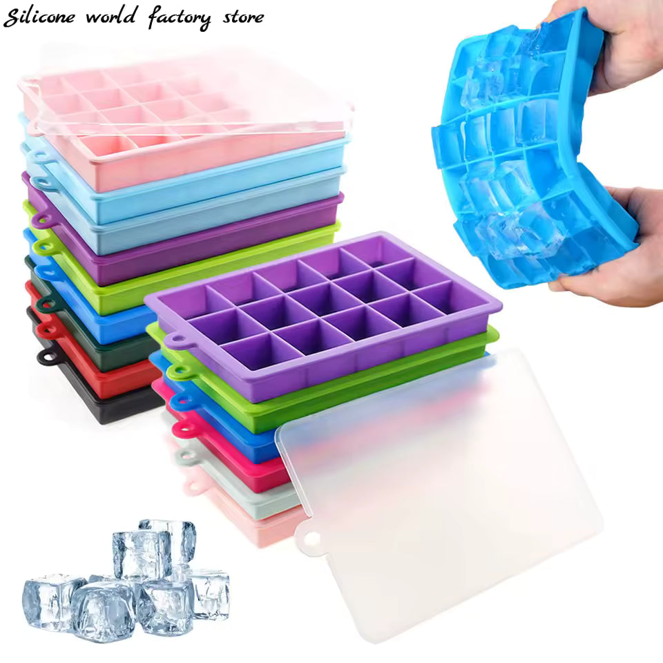 Silicone world 24/15 Grids Silicone Ice Cube Mold Trays with Lids Icecream Cold Drinks Whiskey Cocktails Kitchen Tools Ice Mold
