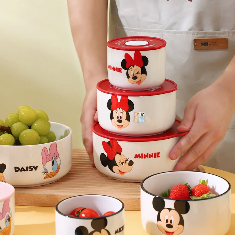 Minnie Lunch Box 3 Piece Set Mickey Bento Box Cartoon Ceramic Lunch Box Fresh Keeping Bowl Microwave Available Christmas Gift