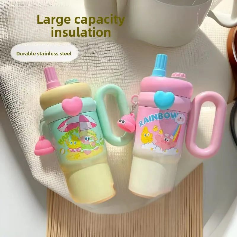 Large Capacity Straw Cup Cartoon Cute Double Drink Insulated Thermos for Students Children Women Portable Travel Water Bottle