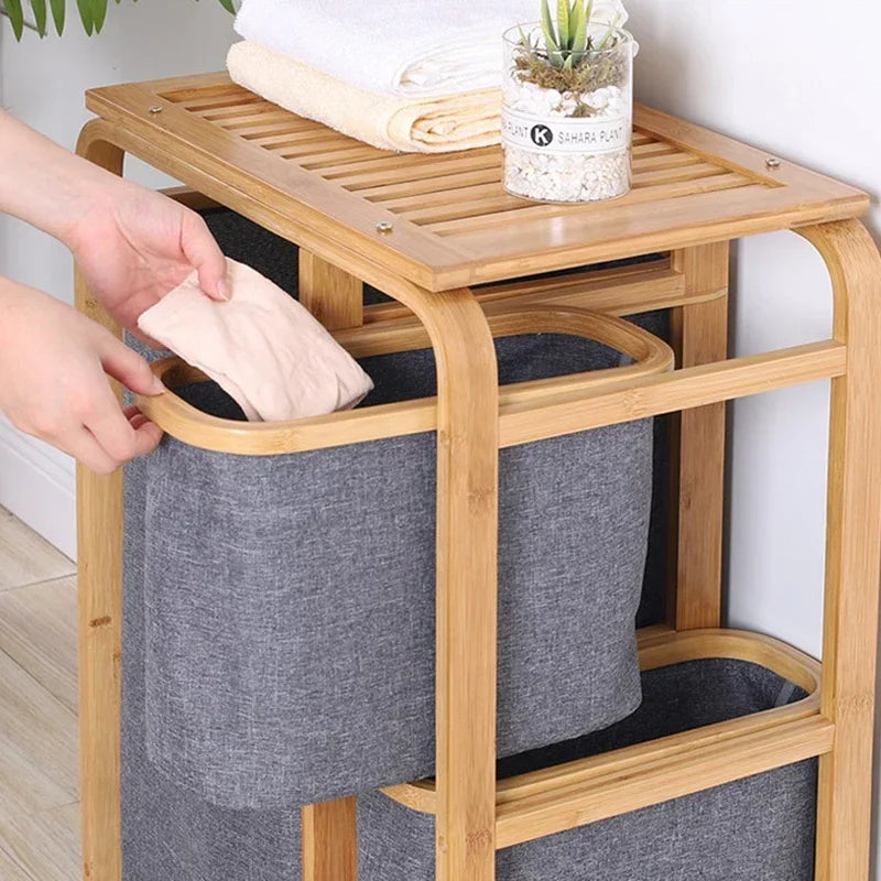 Bamboo Laundry Basket with 3 Collapsible Pull-Out Bags Storage Organizer Laundry Hamper for Bedroom Bathroom Laundry Room