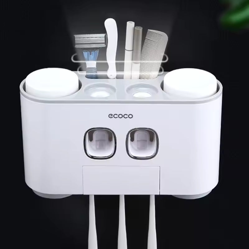 Automatic Toothpaste Dispenser Bathroom Accessories Set Toothbrush Holder Set with 4 Cups Toothpaste Squeezer Toothbrush Storage