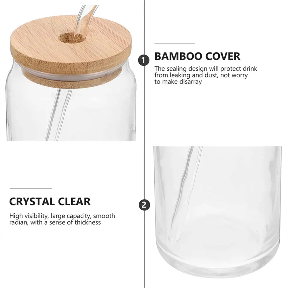 1pc Glass Cups with Bamboo Lids and Straw 350ml/550ml Mason Jars Coffee Mug Beer Can Shaped for Cocktail Whiskey Milk Juice Cola