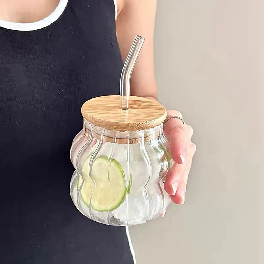 Drinking Glasses with Bamboo Lids and Glass Straw Iced Coffee Glasses Cute Tumbler Cups for Soda Juice Boba Drinks Bar Cafe
