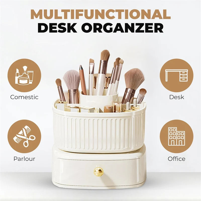360° Rotating Makeup Brushes Holder with Drawer 5 Slot Makeup Brushes Lipstick Storage Box Desktop Cosmetics Tools arrange Box