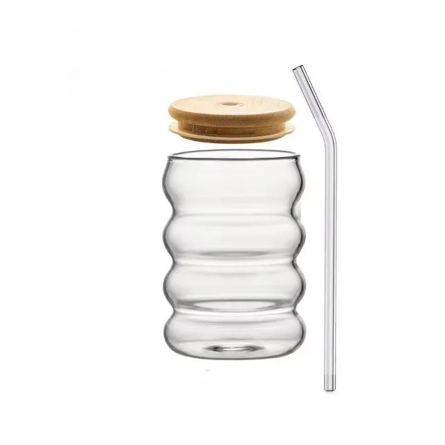 1/2/4PCS Creative Glass Cup with Lid Straw Heat-resistant Wave Cup Beer Juice Ice Coffee Cups Cocktail Fruit Glass Drinkware
