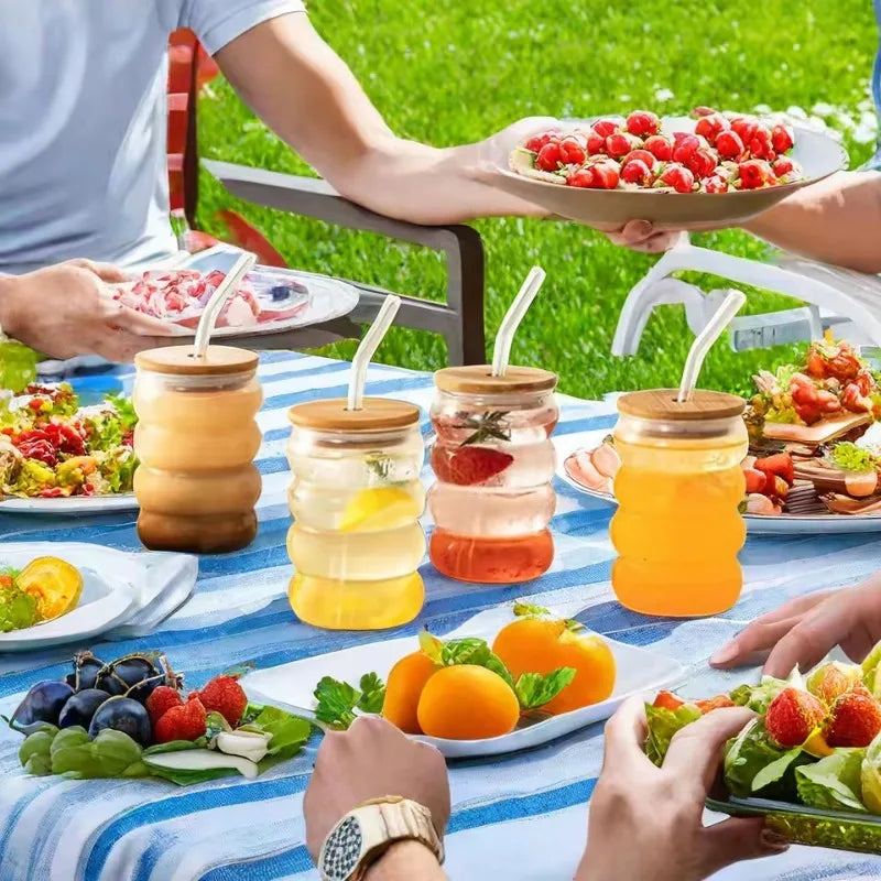 1/2/4PCS Creative Glass Cup with Lid Straw Heat-resistant Wave Cup Beer Juice Ice Coffee Cups Cocktail Fruit Glass Drinkware