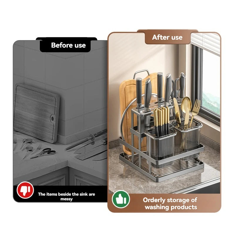 Kitchen Storage Shelf for Knife Chopsticks Forks Drain Storage Rack Metal Cutting Board Holder Multi-function Storage Rack