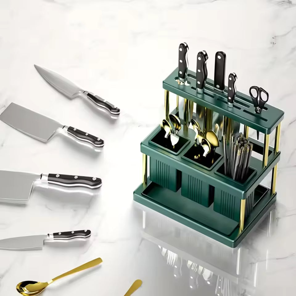 Multi-Use Cutlery Stand - Space-Efficient Organizer with Drain for Kitchen Tools