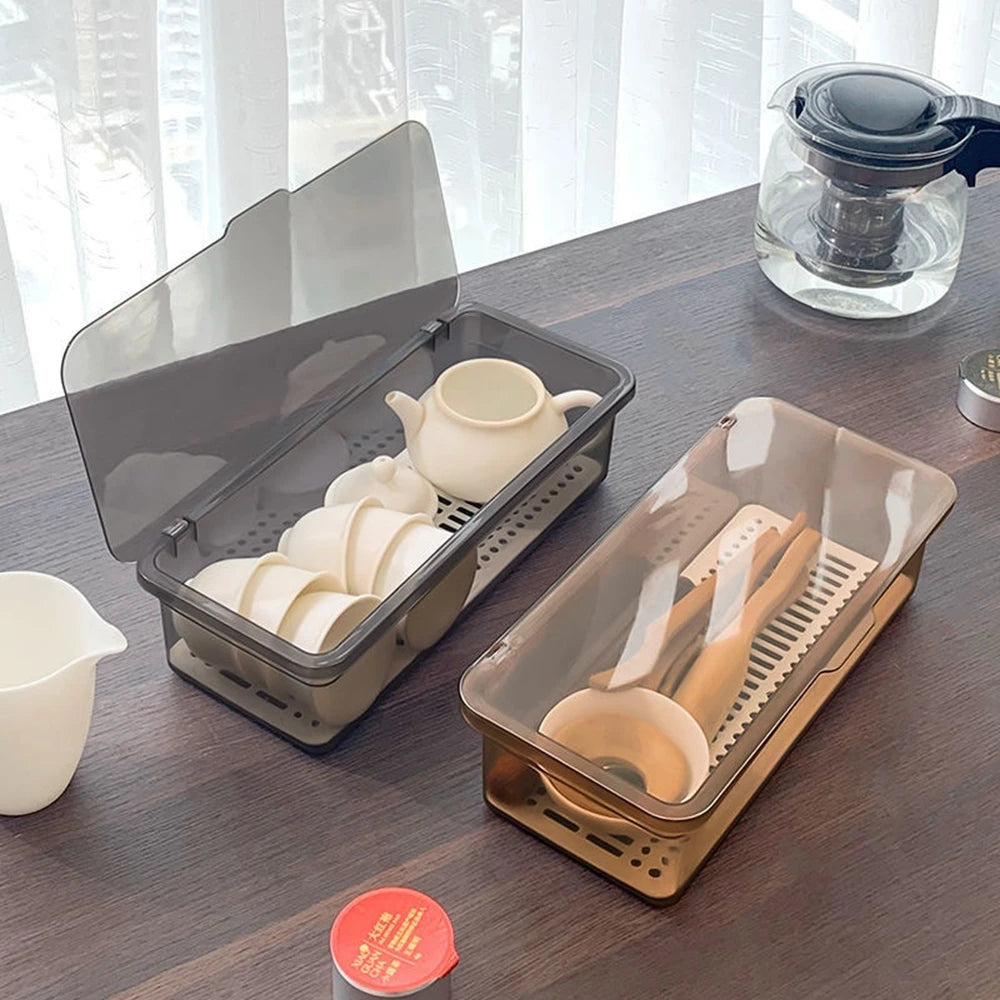 1PCS Tea Set Storage Box Transparent Plastic Desk Storage Box Drawer Organizer Small Things Home Storage Chopstick Storage Box