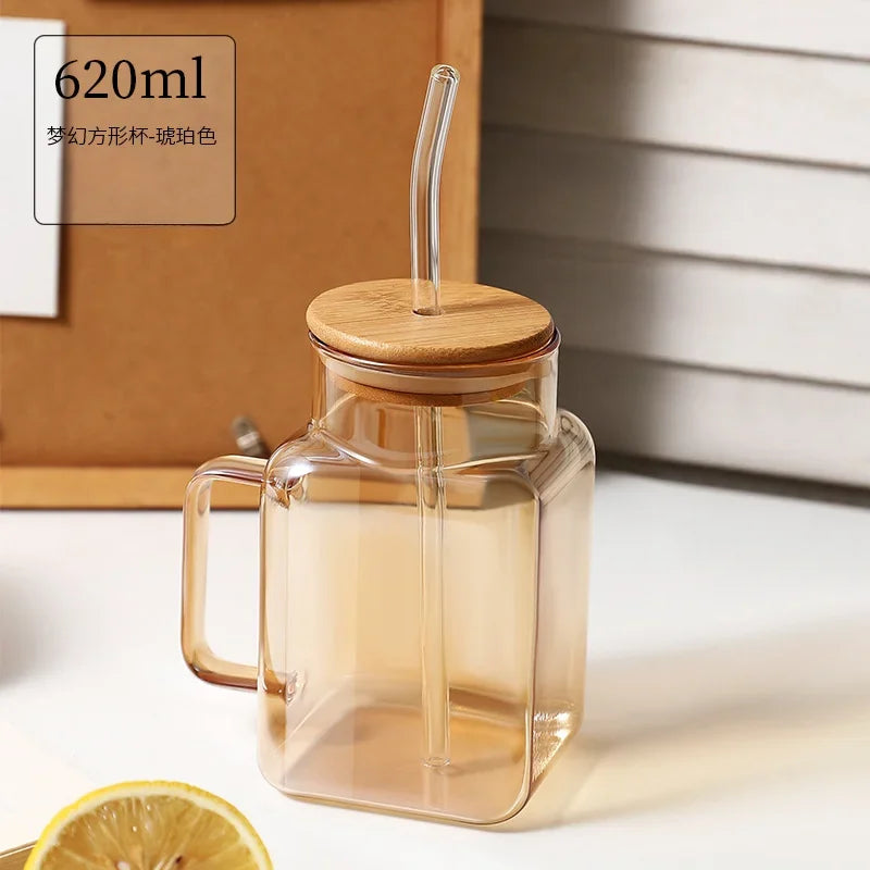 High Borosilicate Glass Cup Square with Lid and Straw Ins Wind Drinking Water Cup