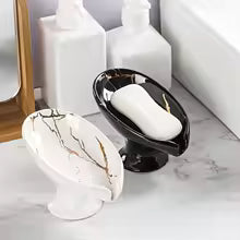 Leaf Shaped Ceramic Soap Dish with Drainage Creative Bathroom Soap Holder Tray for Sink Counter Self Draining Sponge Soap Rack